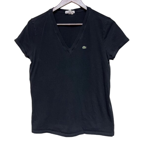 LACOSTE Black V Neck Short Sleeve Tee Shirt T-Shirt 100% Cotton Men's Size 44 L - Picture 1 of 9